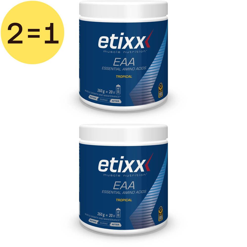 Deux boîtes avec couvercles blancs. Inscription: etixx, EAA Essential Amino Acids Tropical. Cercle jaune avec "2=1".