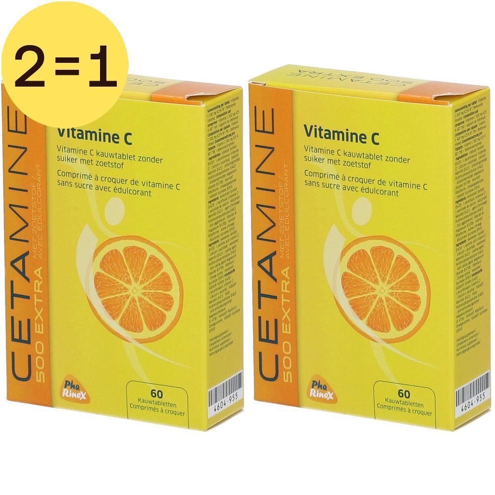 Deux boîtes jaunes avec "CETAMINE EXTRA" et "Vitamine C". Illustration d'orange. Texte: "2=1".