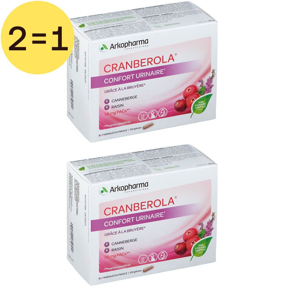 Zwei Schachteln Cranberola® Confort Urinaire. Aufschrift: "Confort Urinaire", Cranberry, Heidekraut, 2=1.