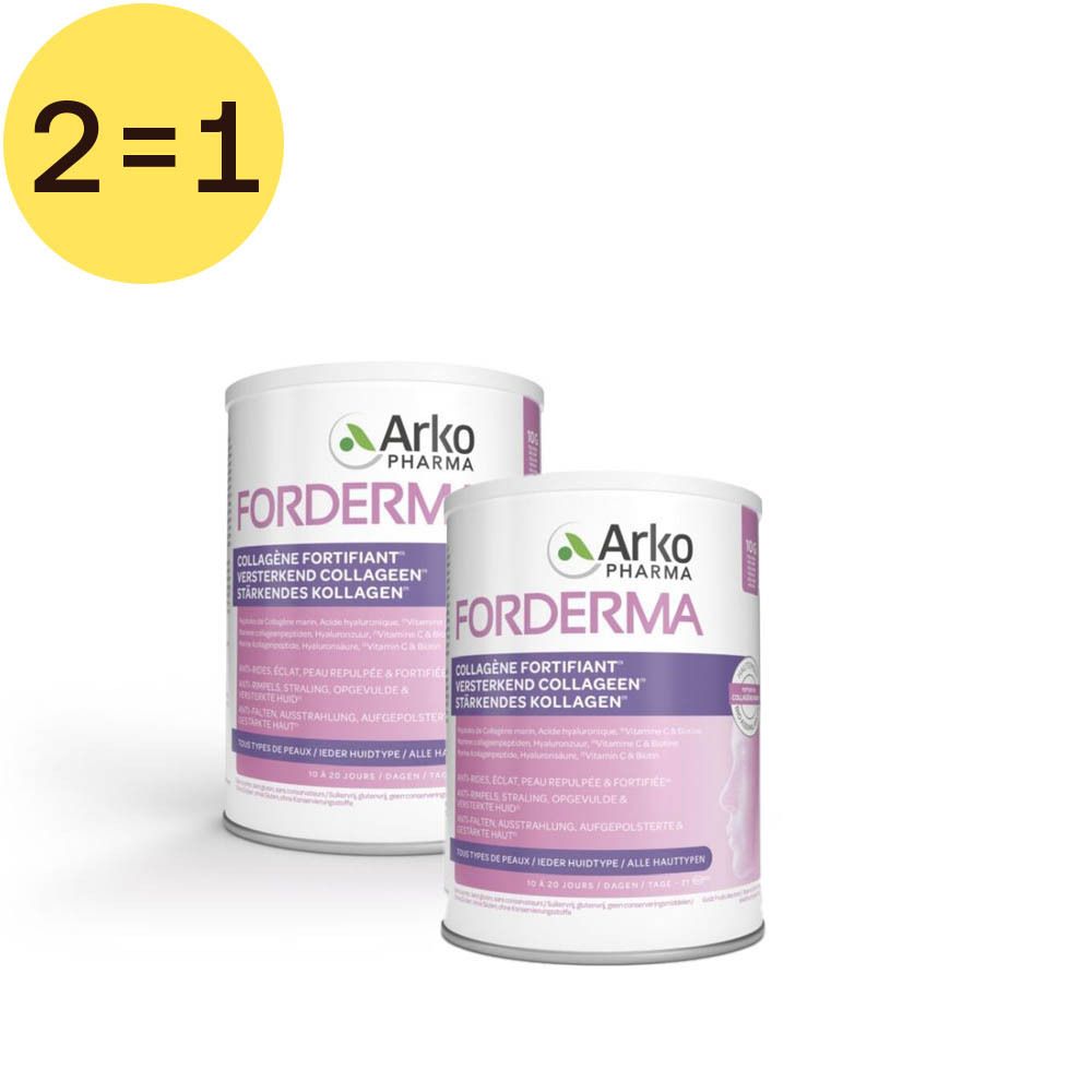 Deux boîtes de Forderma Collagène Fortifiant. Inscription : Arko Pharma, Forderma, Collagène Fortifiant, Erkend Collageen, Stärkendes Kollagen. Cercle jaune avec 2=1.