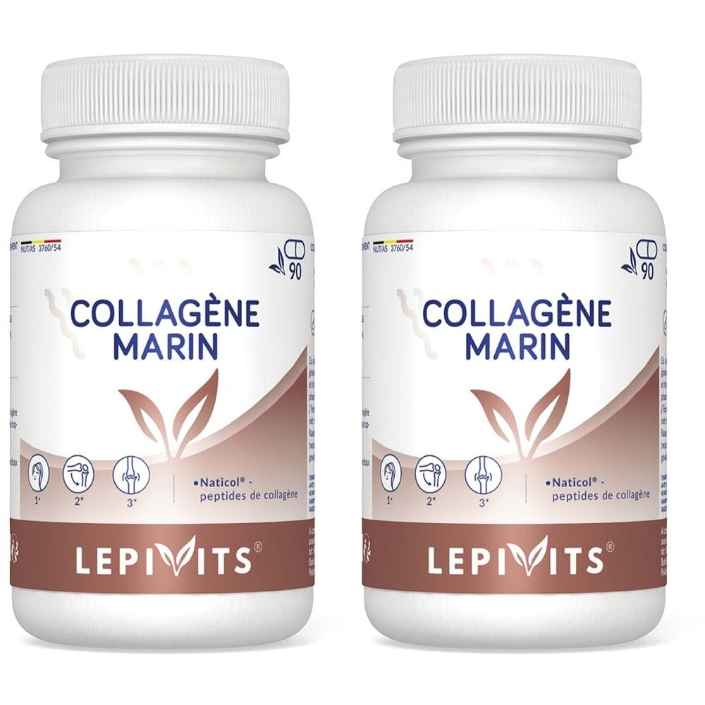 Deux flacons blancs LEPIVITS® Collagéne Marin. Inscription: Collagéne Marin, Naticol, peptides de collagène. 90 gélules.