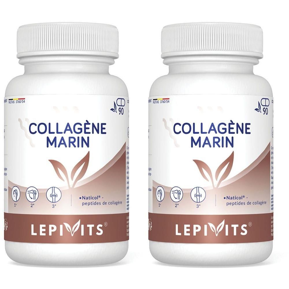 Deux flacons blancs LEPIVITS® Collagéne Marin. Inscription: Collagéne Marin, Naticol, peptides de collagène. 90 gélules.