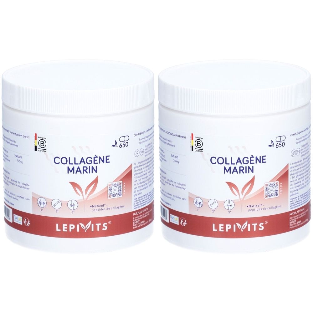 Zwei weiße Behälter mit rotem Etikett. Aufschrift: Collagène Marin, Lepivits®. Mit Zertifizierungen und QR-Code.