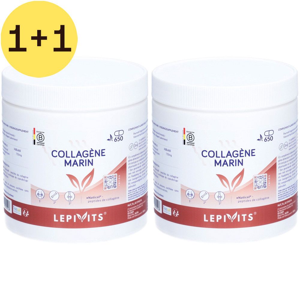 Deux pots blancs avec étiquette rouge. Inscription: Collagène Marin, Lepivits®. Avec certifications et QR code. 1+1 GRATUIT.