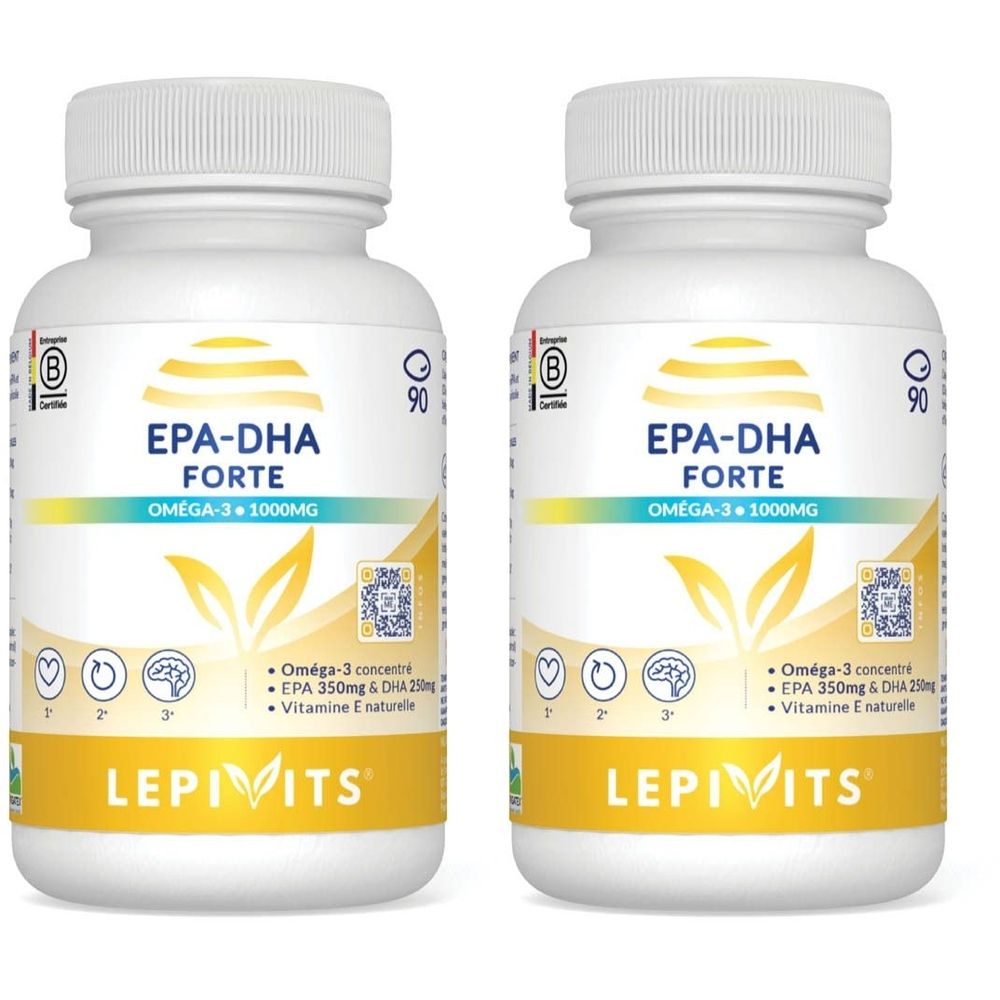 Deux flacons blancs avec étiquettes. Inscription: EPA-DHA FORTE, Oméga-3 1000mg. Marque: Lepivits.