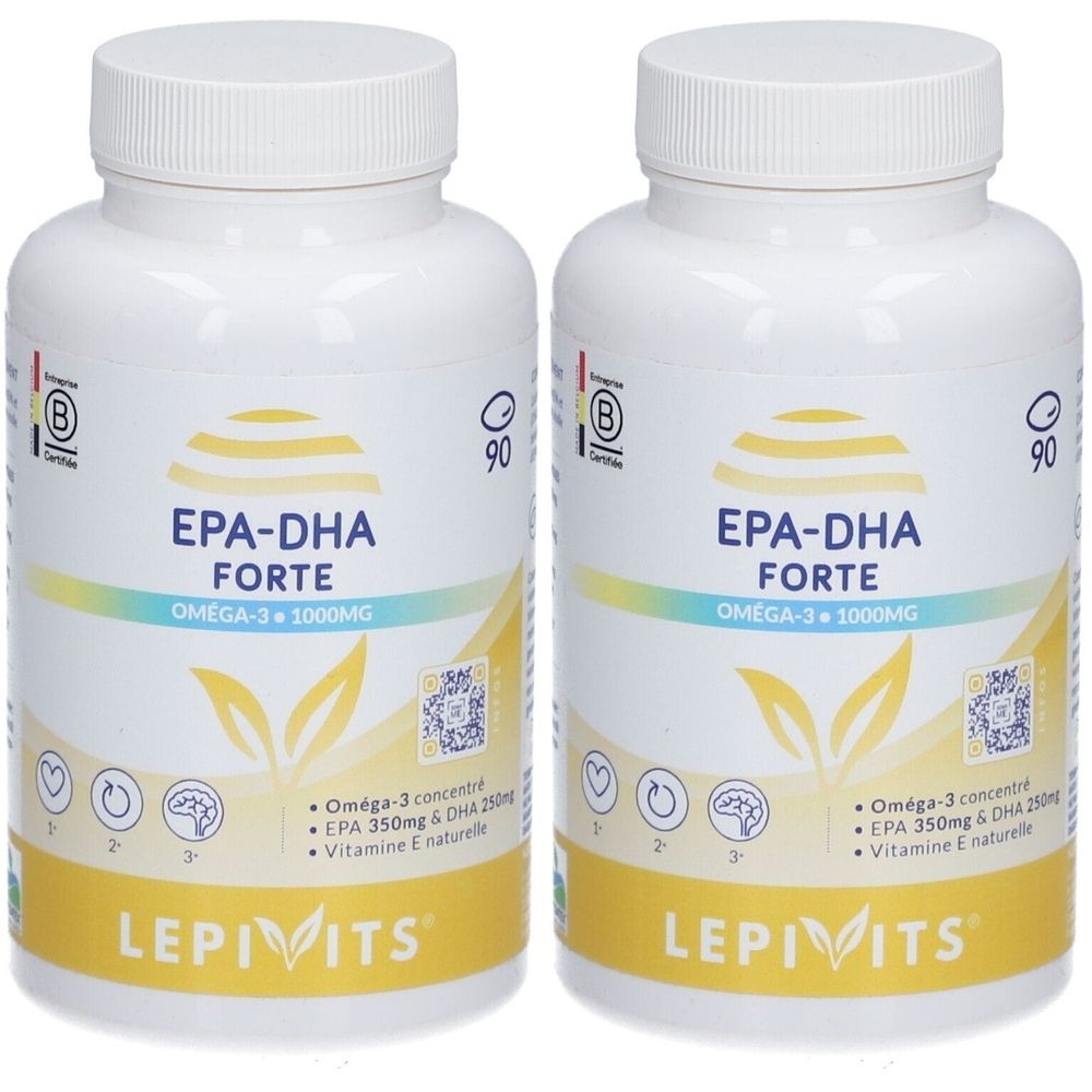 Zwei weiße Flaschen mit Etiketten. Aufschrift: EPA-DHA FORTE, Omega-3 1000mg. Marke: Lepivits.