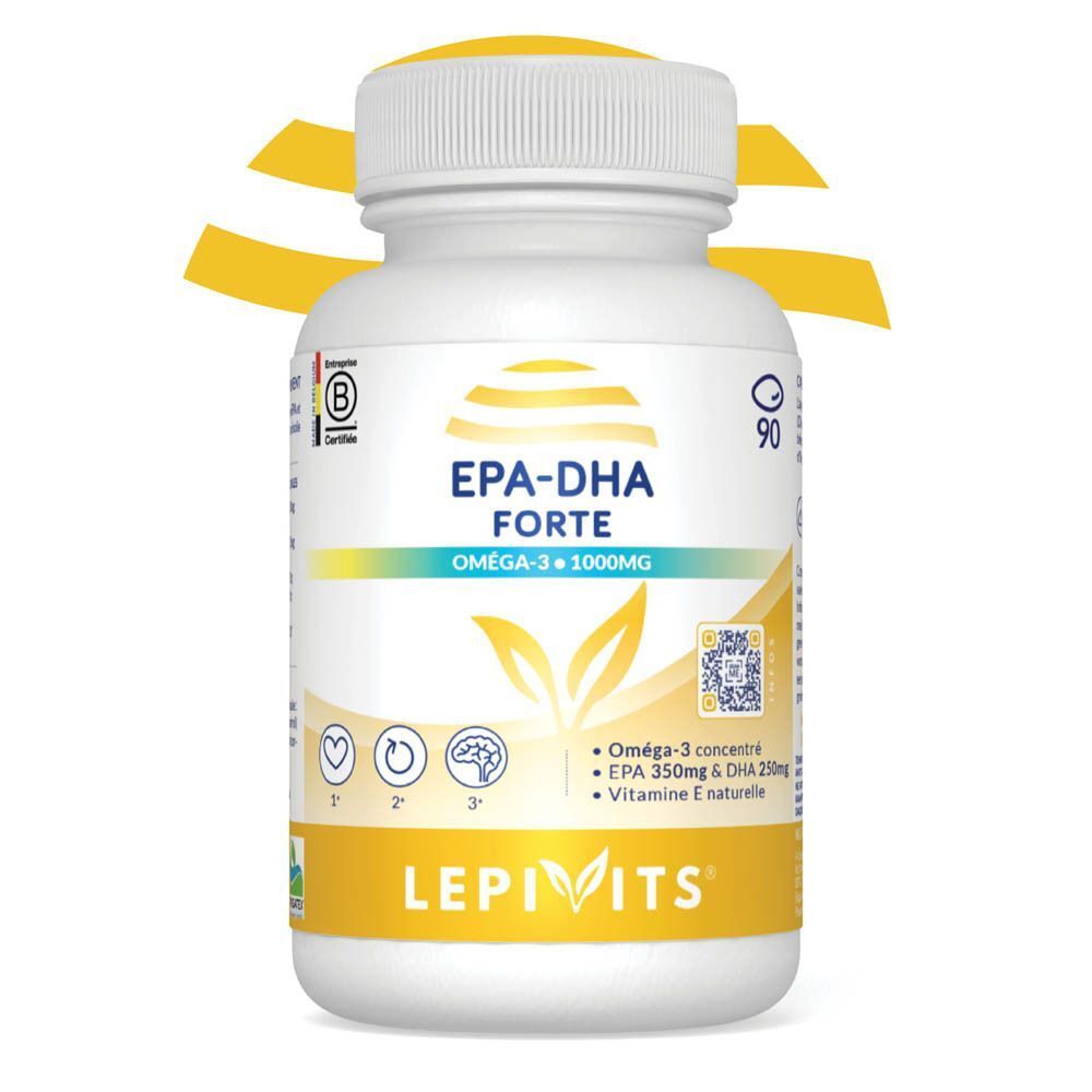 Weiße Flasche mit EPA-DHA Forte Omega-3 1000mg Kapseln, Marke Lepivits.