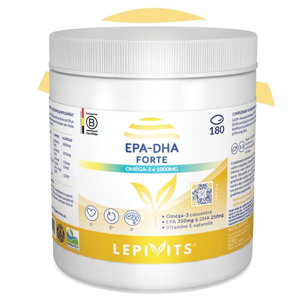 Un pot blanc de complément alimentaire EPA-DHA Forte. Étiquette jaune avec informations produit et logo.