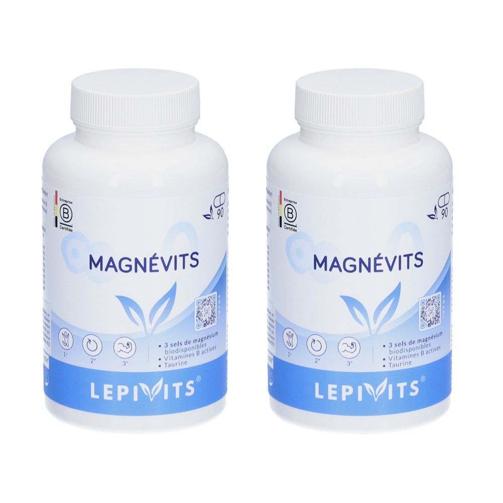 Deux flacons blancs "Magnévits" avec accents bleus et inscription "Lepivits". Chaque flacon contient 90 comprimés.