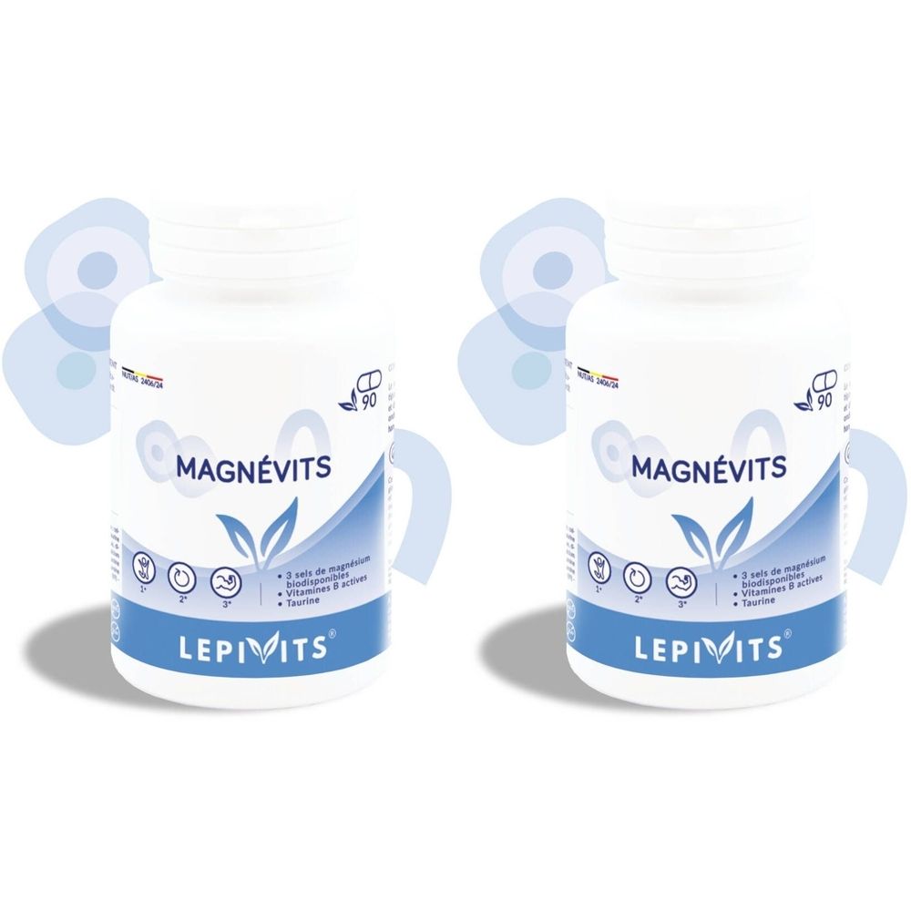 Deux flacons blancs "Magnévits". Accents bleus et "Lepivits" en bas. Chaque flacon contient 90 comprimés.
