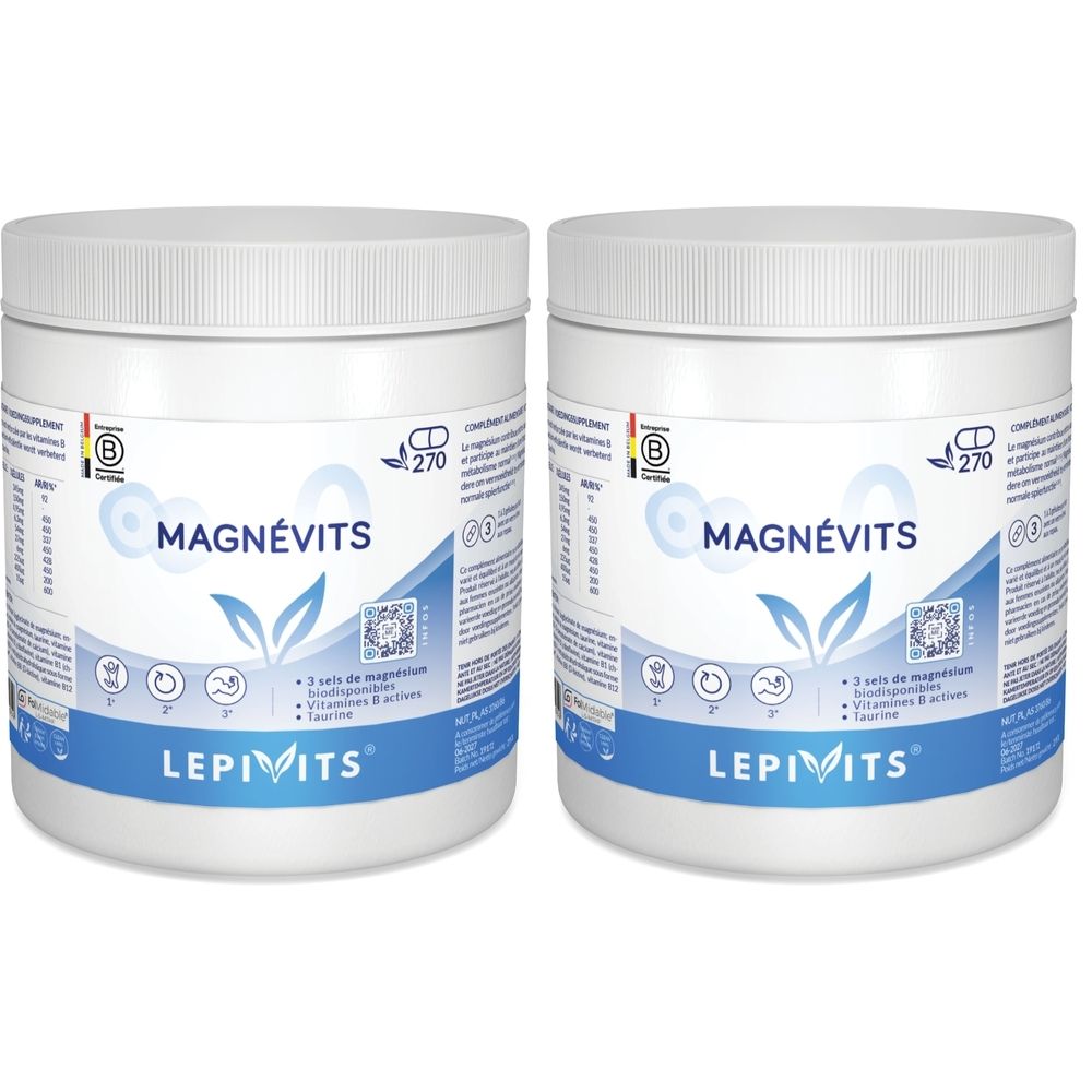 Deux pots blancs avec couvercles. Inscription MagnéVits et Lepivits. Logo de feuilles. Texte en allemand et français.