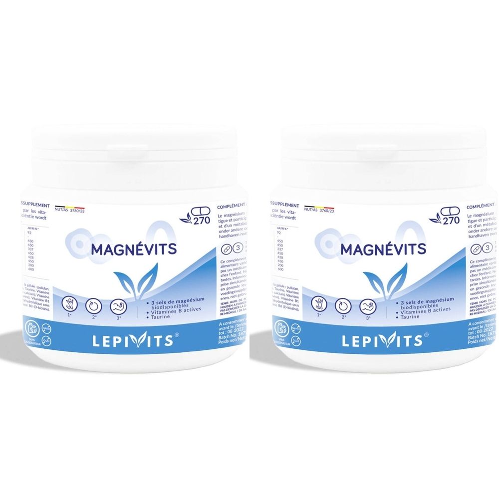 Deux pots blancs avec couvercles. Inscription MagnéVits et Lepivits. Logo de feuilles. Texte en allemand et français.