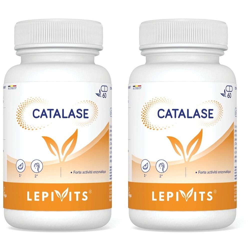 Deux flacons blancs avec étiquettes. Inscription: CATALASE, LEPIVITS. Design orange avec feuilles et symboles. Symbole de capsule.