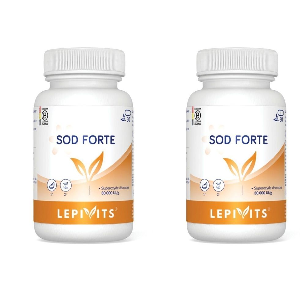 Zwei weiße Flaschen mit SOD FORTE-Aufschrift und LEPIVITS-Logo. Orangefarbener Streifen mit Produktinformationen. Deckel und Flaschen aus Kunststoff.