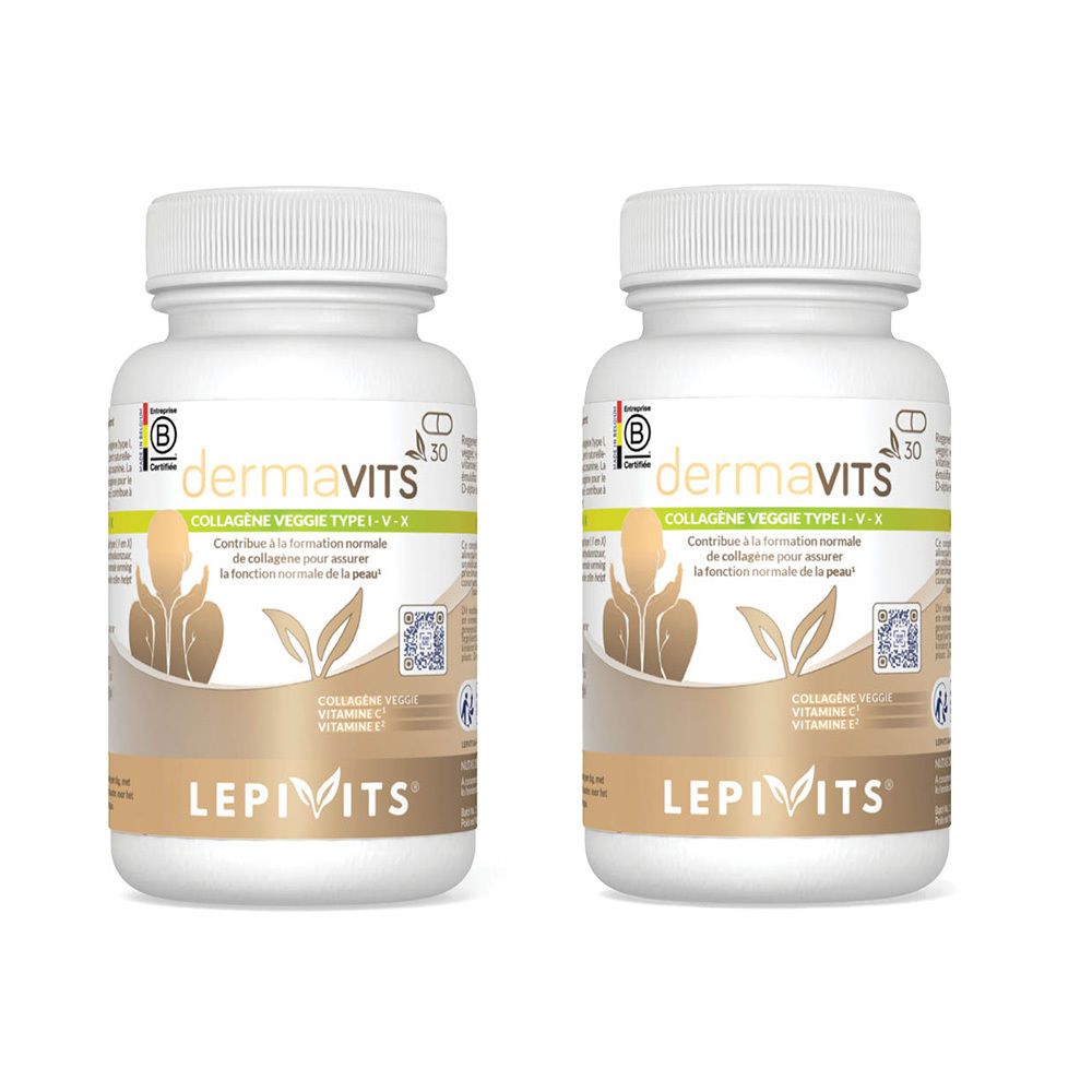 Deux flacons blancs de gélules. Inscription: dermavits, LEPIVITS. Logo de certification et code QR.