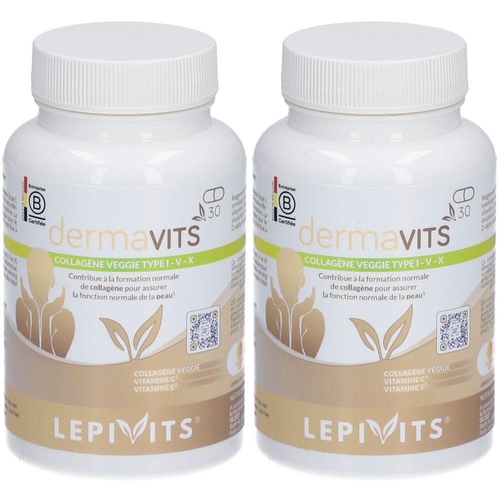 Zwei weiße Flaschen mit Kapseln. Aufschrift: dermavits, LEPIVITS. Mit Zertifizierungslogo und QR-Code.