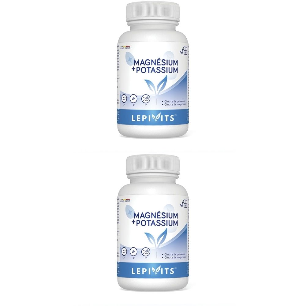 Deux flacons blancs de gélules. Inscription: Magnésium + Potassium, Lepivits. Éléments bleus et verts.
