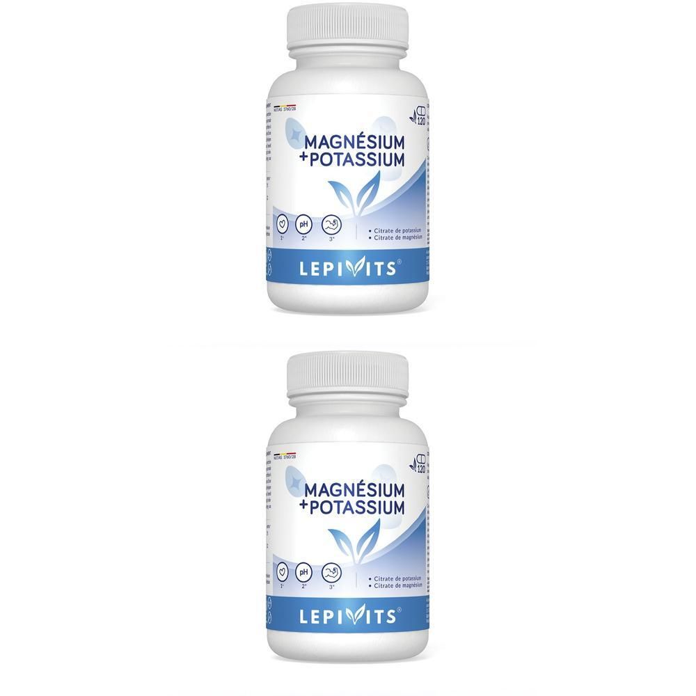 Zwei weiße Flaschen mit Kapseln. Aufschrift: Magnesium + Potassium, Lepivits. Blaue und grüne Elemente.