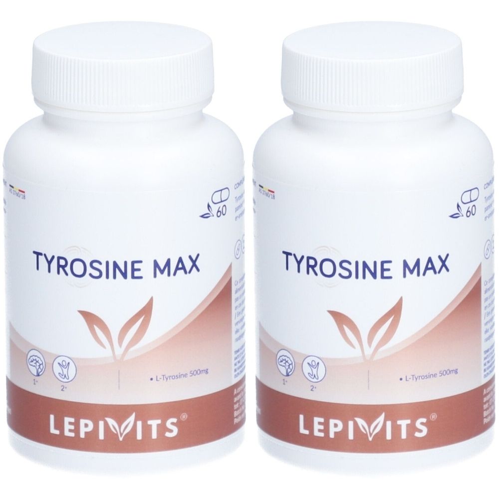 Deux flacons blancs avec bouchon à vis. Inscription: Tyrosine Max, Lepivits. Contient L-Tyrosine 500mg. Avec 60 comprimés.