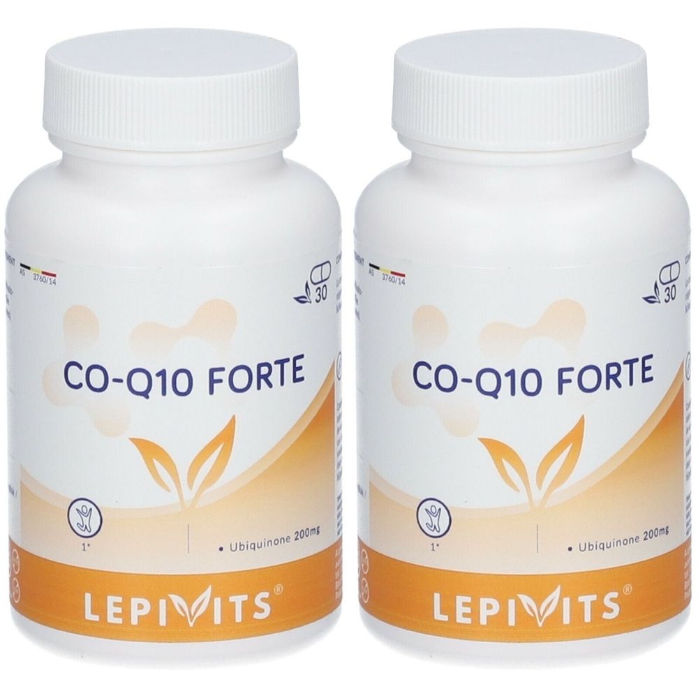 Zwei weiße Flaschen mit Schraubverschluss. Aufschrift: CO-Q10 FORTE, LEPIVITS. Enthält Ubiquinon 200mg. Auf jeder Flasche ist eine Grafik mit Blättern abgebildet.