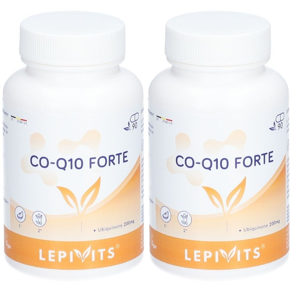 Deux flacons blancs avec bouchons à vis. Inscription : CO-Q10 FORTE, Ubiquinone 200mg, LEPIVITS. Chaque flacon porte un logo.
