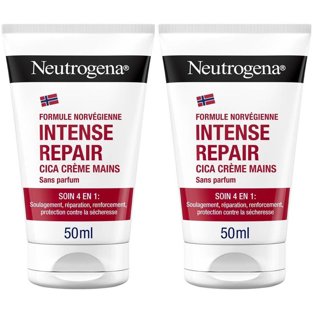 Deux tubes de Neutrogena Intense Repair Cica Crème Mains. Tubes blancs avec texte rouge et noir. 50ml.