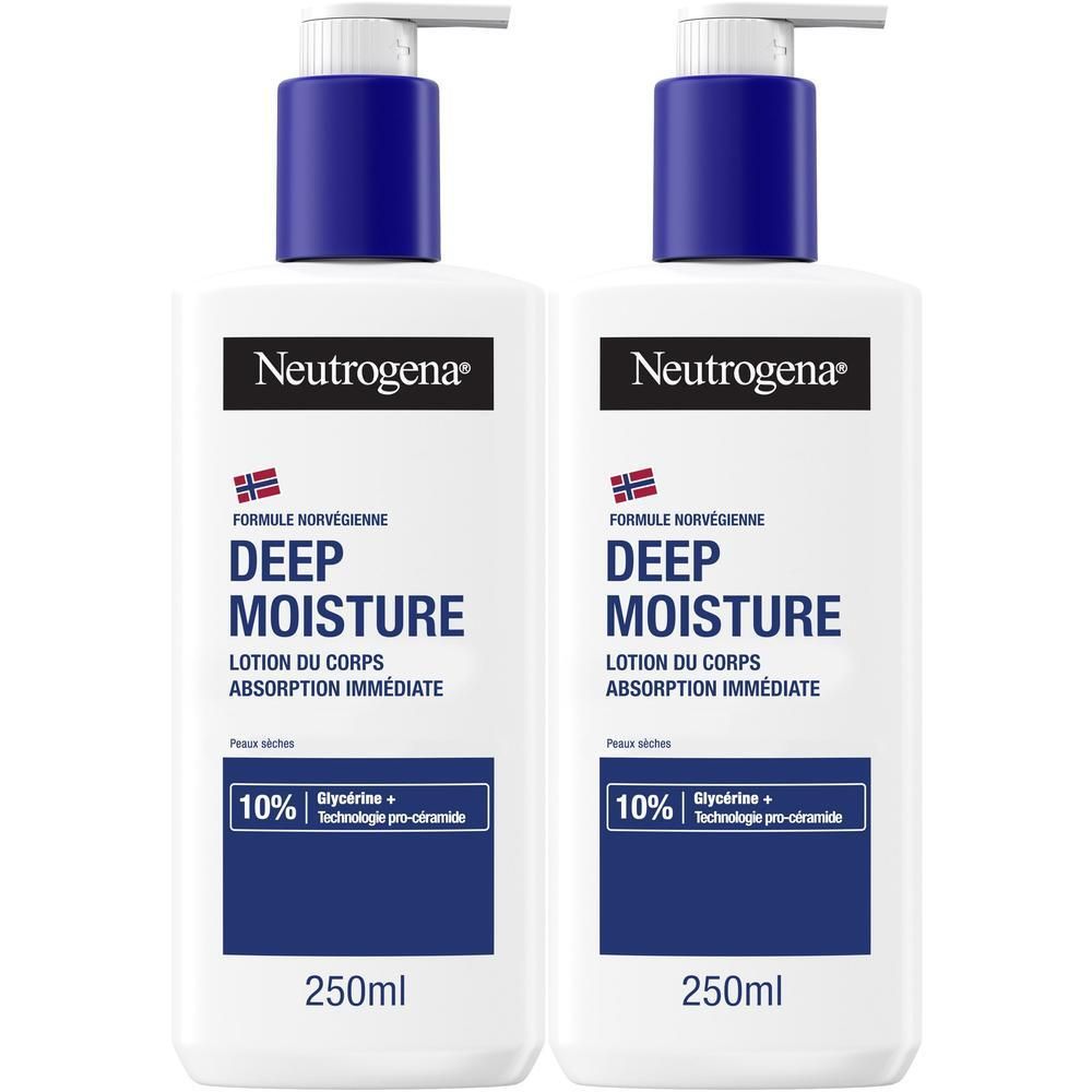 Zwei Flaschen Neutrogena Deep Moisture Lotion mit Pumpverschluss, je 250ml.