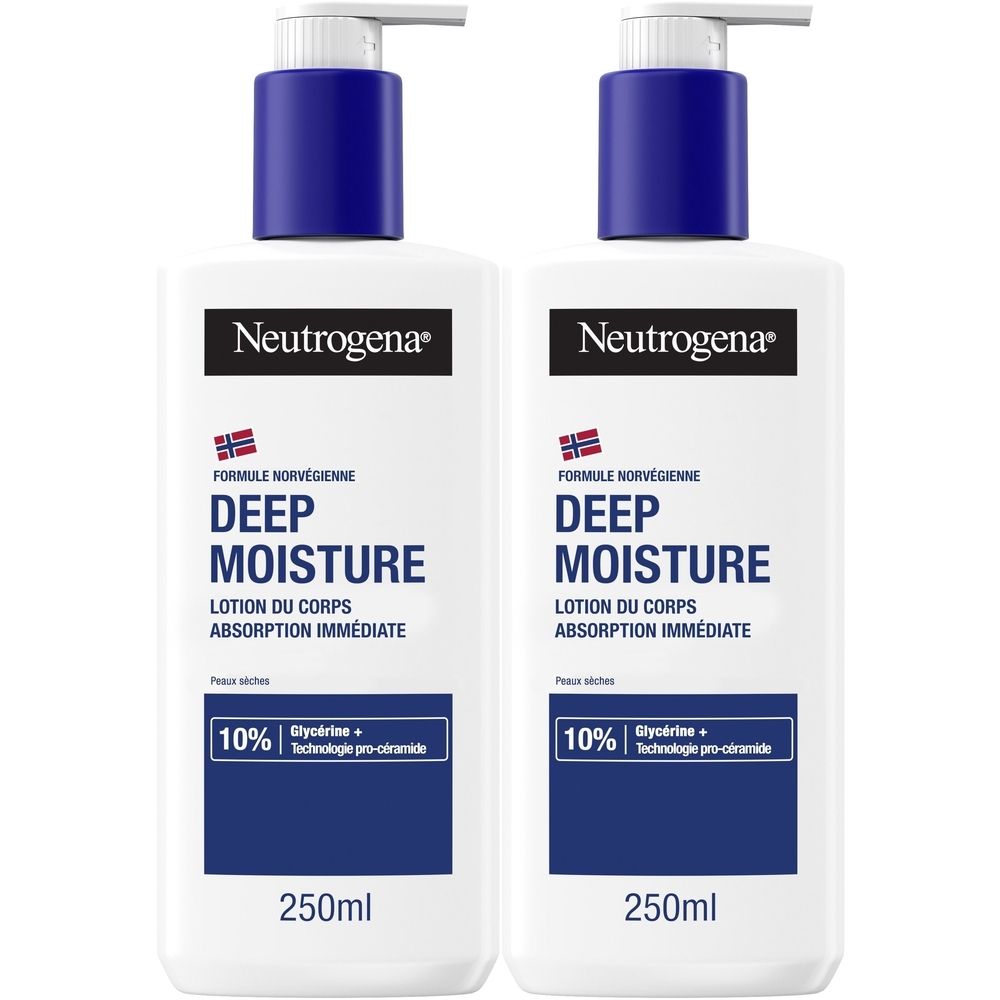 Deux flacons blancs avec pompes bleues. Inscription: Neutrogena Deep Moisture Body Lotion. 250ml.
