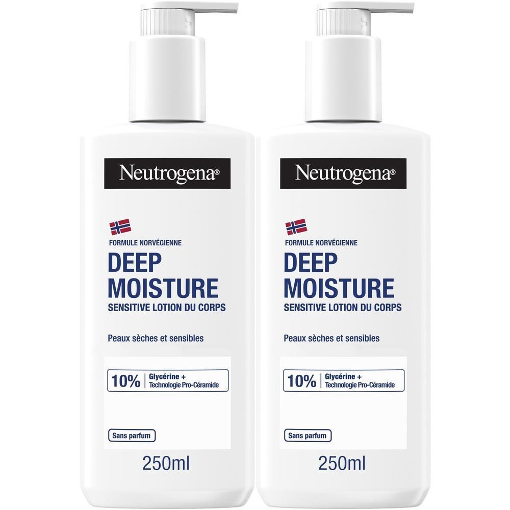 Zwei weiße Pumpflaschen Neutrogena Deep Moisture Lotion, je 250ml.