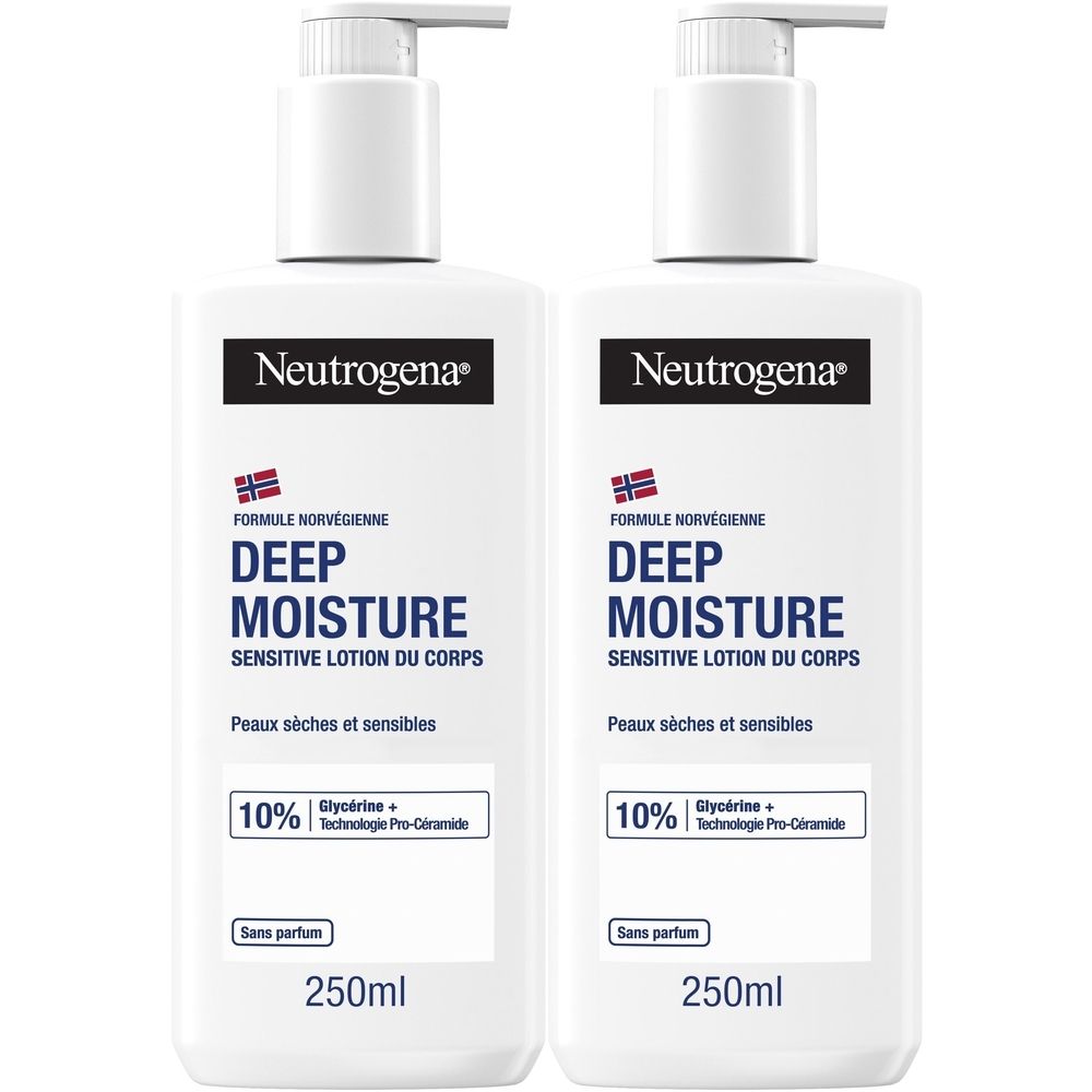 Deux flacons blancs avec pompe. Inscription: Deep Moisture, pour peaux sèches et sensibles. Contient 250ml.