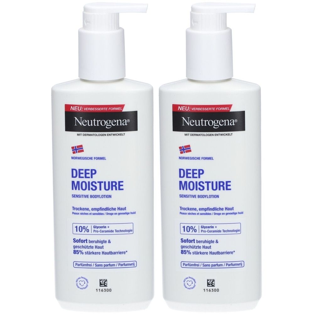 Deux flacons blancs avec pompe. Inscription: Deep Moisture, pour peaux sèches et sensibles. Contient 10% de glycérine.