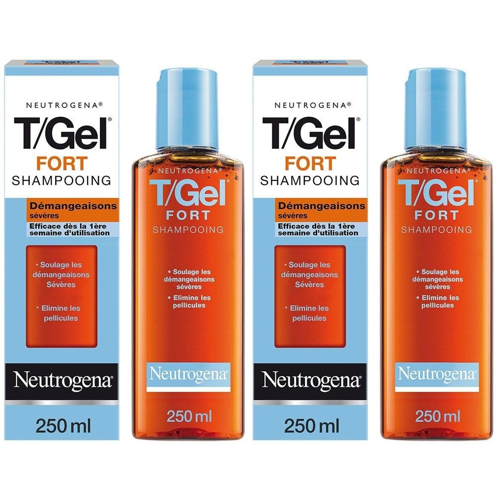 Plusieurs flacons et boîtes de shampooing. Flacons orange avec bouchon bleu. Inscription: T/Gel Forte Shampooing. 250 ml.