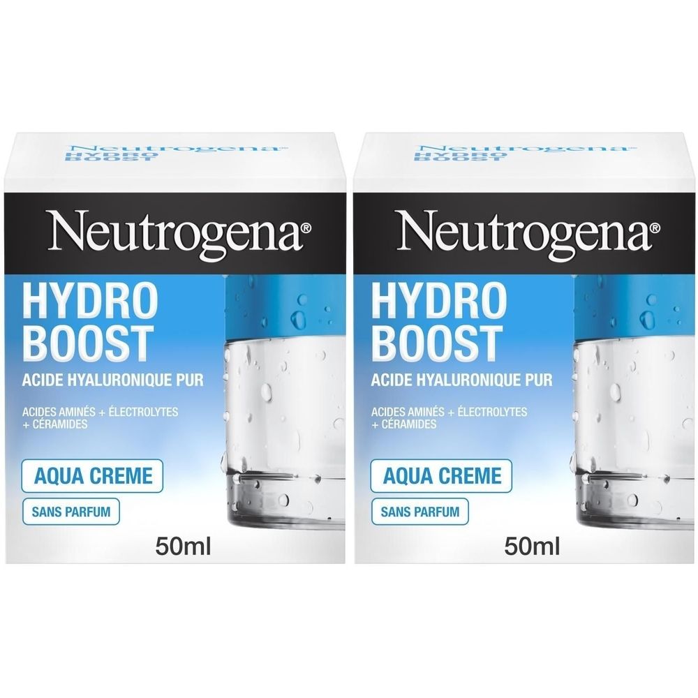 Deux boîtes de crème. Emballage blanc avec texte bleu : Neutrogena Hydro Boost Aqua Creme, 50ml.