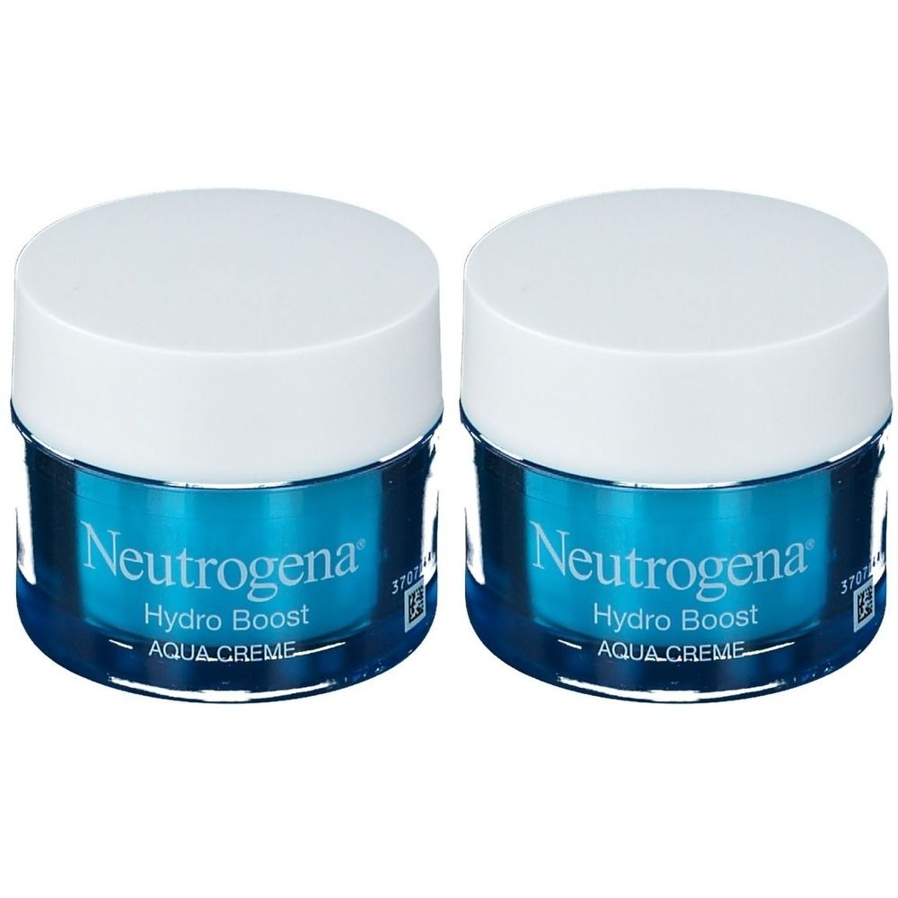 Zwei Tiegel Creme mit weißem Deckel. Blaue Beschriftung: Neutrogena Hydro Boost Aqua Creme.