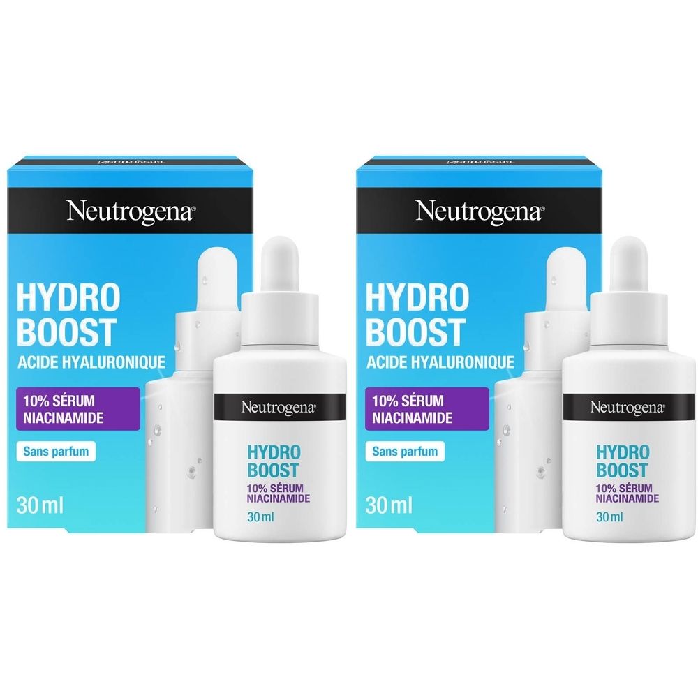 Deux emballages avec flacons et boîtes. Inscription : Hydro Boost, 10% Sérum Niacinamide. Marque : Neutrogena.