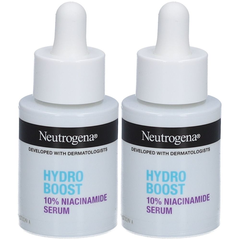 Deux flacons blancs avec compte-gouttes. Inscription : Hydro Boost 10% Sérum Niacinamide. Marque : Neutrogena.