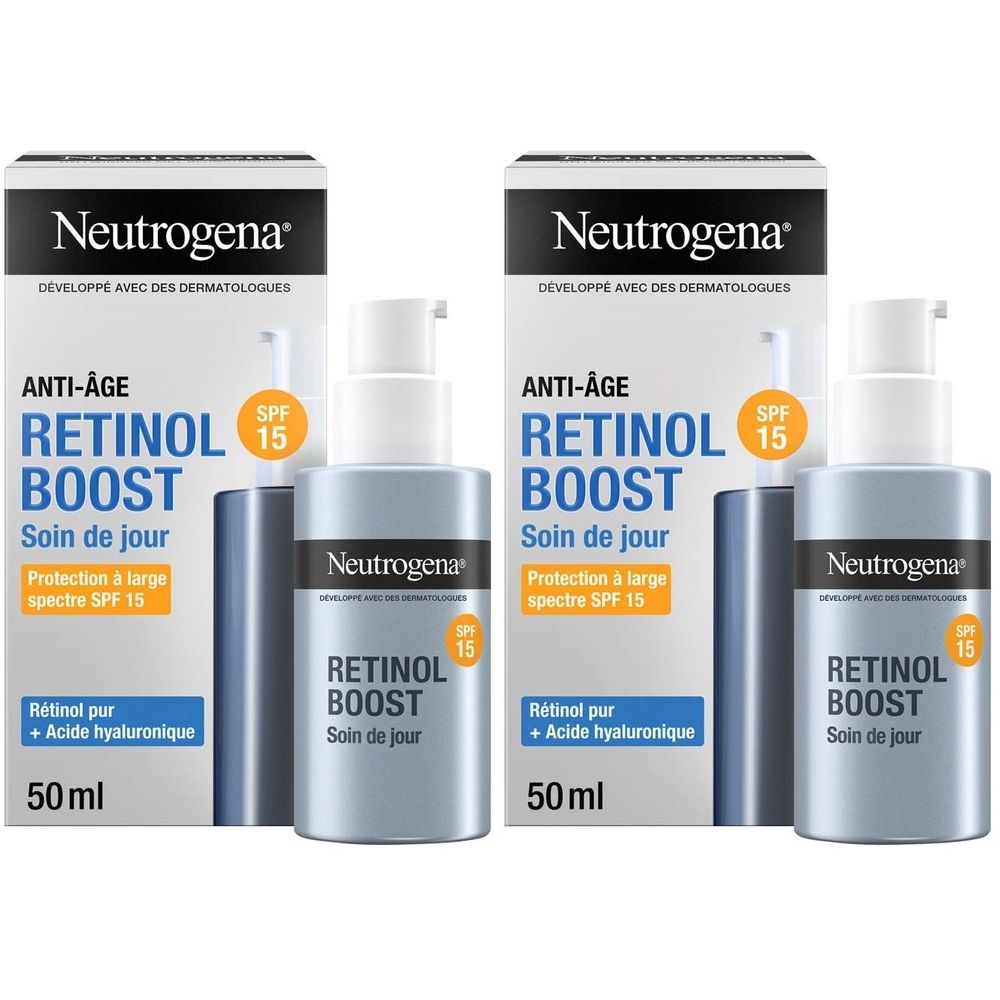 Deux boîtes de Neutrogena Retinol Boost Crème de jour SPF 15. Flacons et emballage. Inscription : Anti-Âge, Retinol Boost, 50 ml.