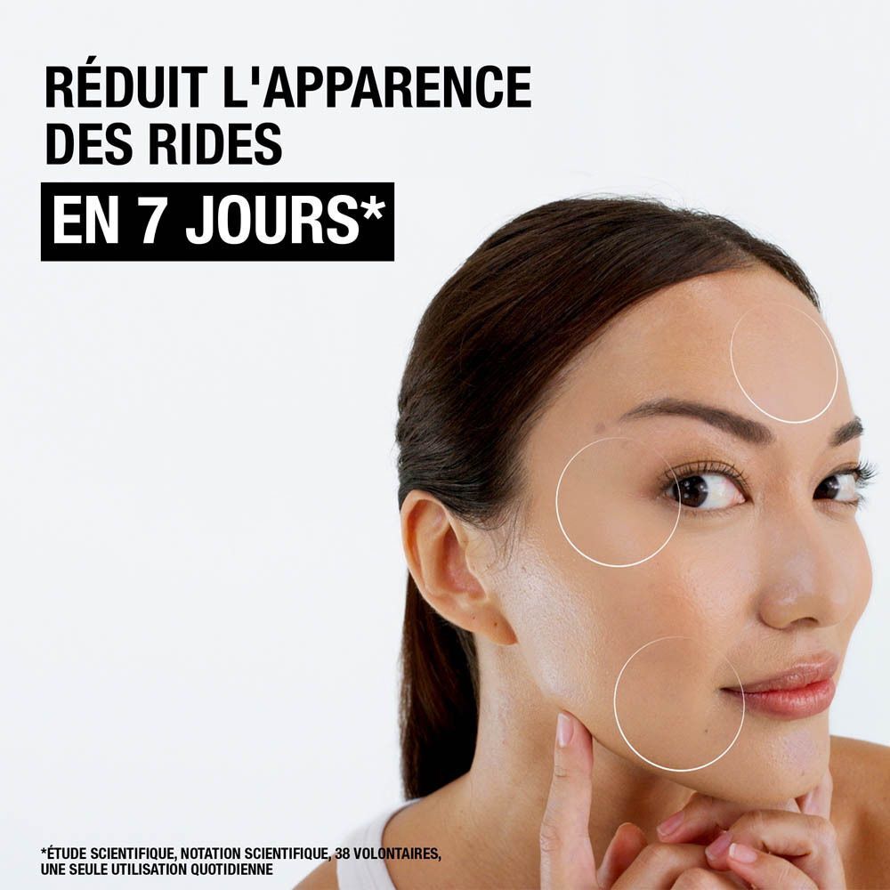 Femme avec contours du visage. Texte : Réduit l'apparence des rides en 7 jours*. Cercles marquant les zones du visage.