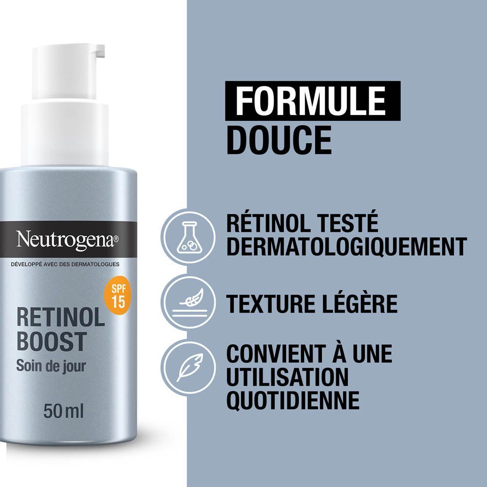 Neutrogena Retinol Boost Crème de jour SPF 15. Texte : Formule douce, Rétinol testé, Texture légère, Utilisation quotidienne.