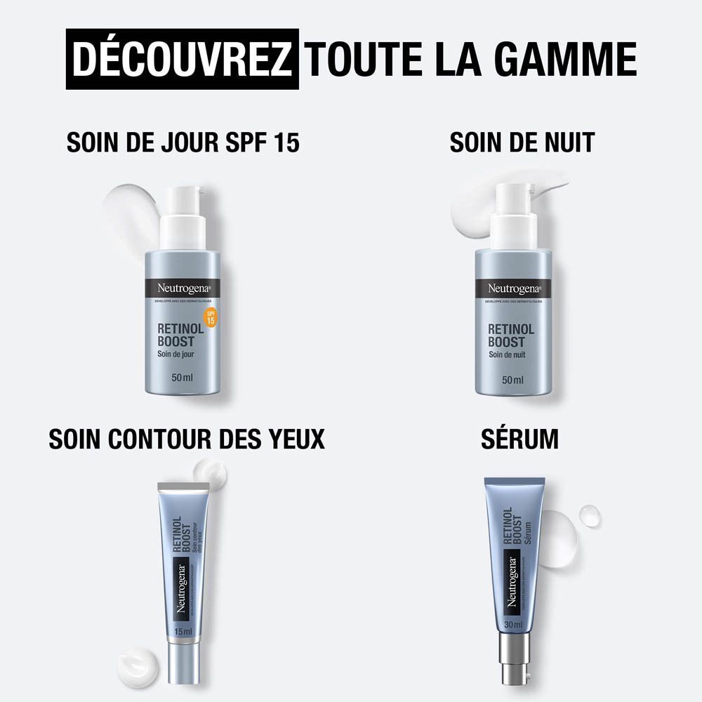 Aperçu des produits : Crème de jour SPF 15, Crème de nuit, Soin contour des yeux, Sérum. Neutrogena Retinol Boost.