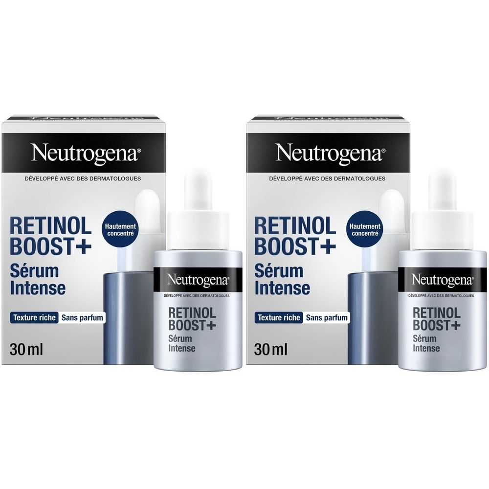 Deux boîtes avec flacons de sérum. Inscription: Neutrogena Retinol Boost+ Sérum Intensif de Nuit Anti-Âge.