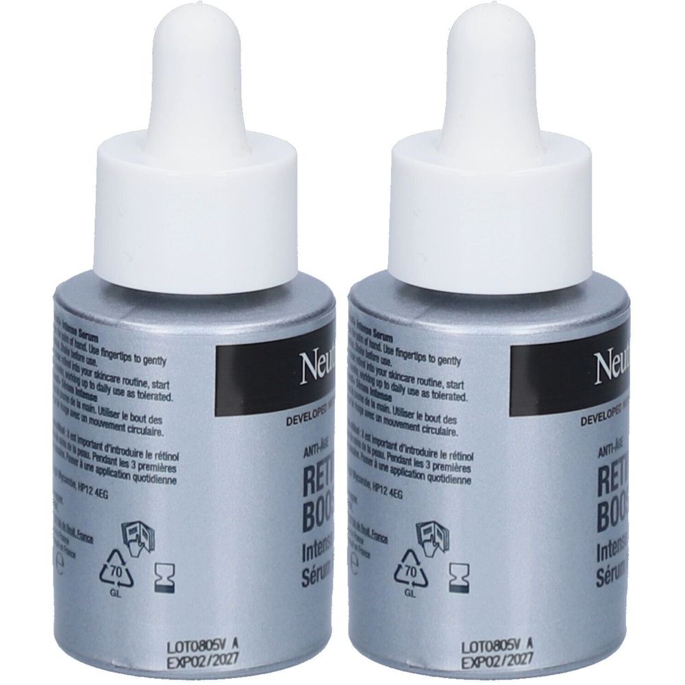 Zwei Flaschen Serum mit weißem Deckel. Aufschrift: Neutrogena Retinol Boost+ Sérum Intensif de Nuit Anti-Âge.