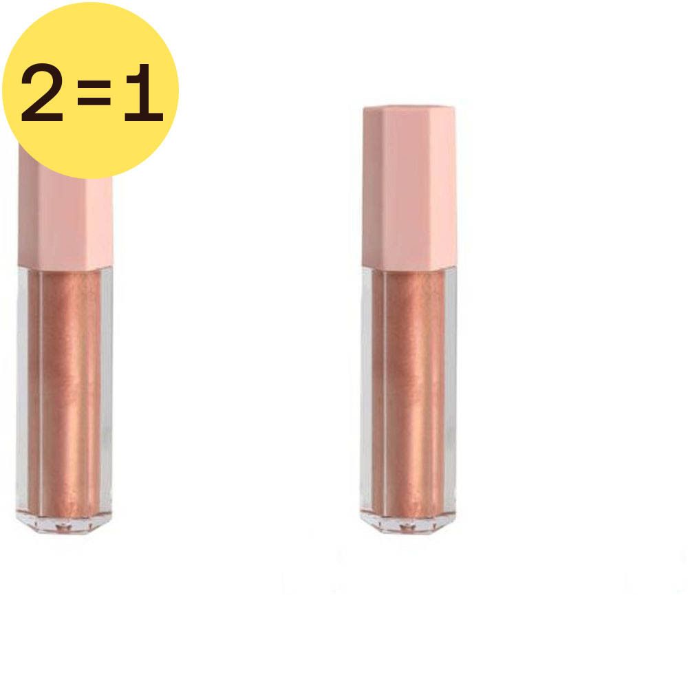 Deux tubes de gloss avec couvercles roses. Récipients transparents avec contenu scintillant. En haut à gauche : cercle jaune avec "2=1".