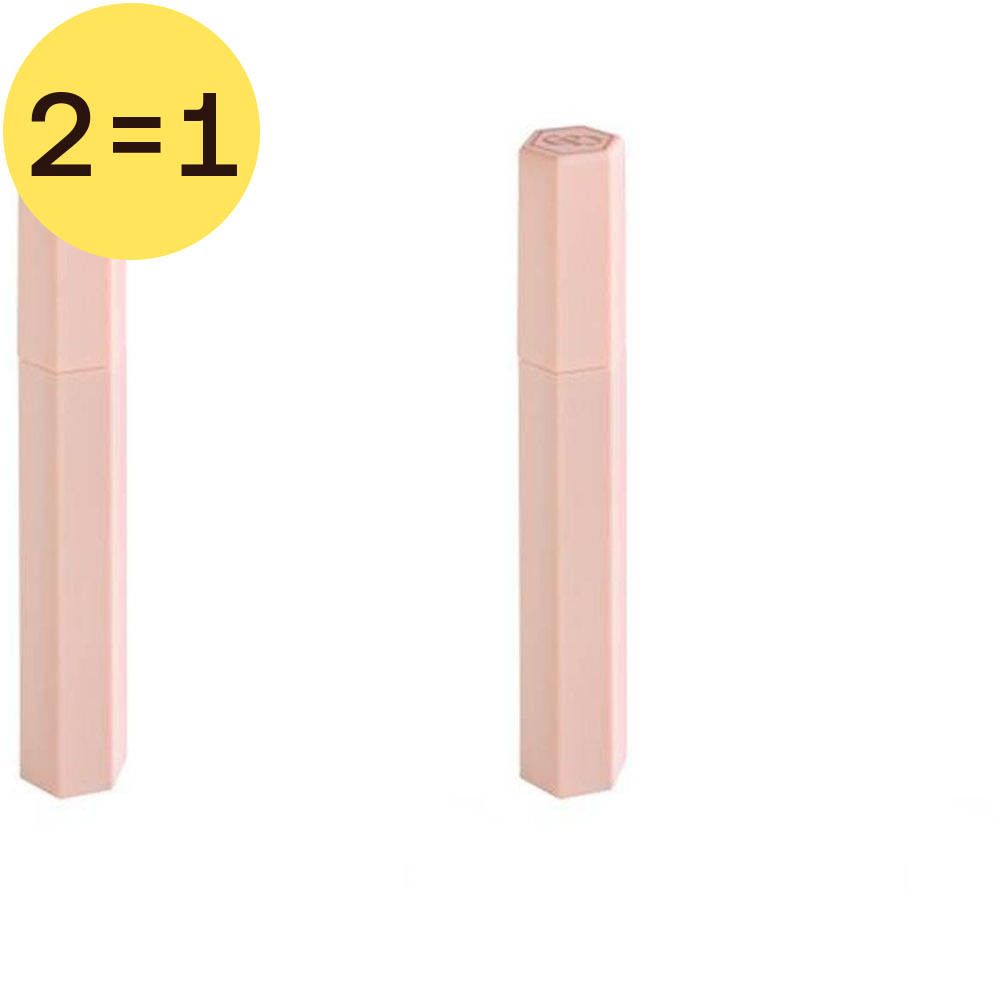 Deux mascaras roses dans des contenants octogonaux. Cercle jaune avec "2=1".