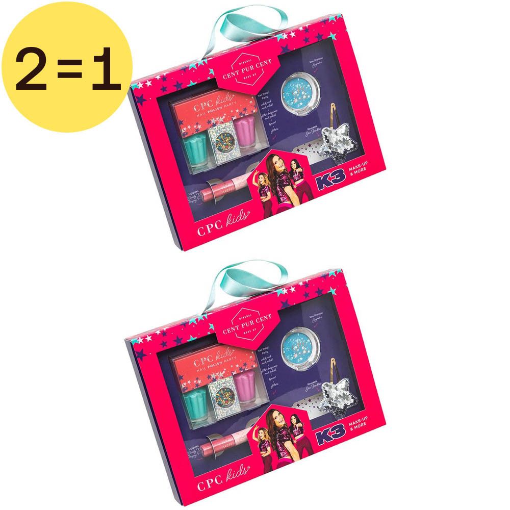 Deux coffrets cosmétiques. Chaque coffret contient vernis à ongles, rouge à lèvres, fard à paupières et applicateur étoile. Boîte rouge.