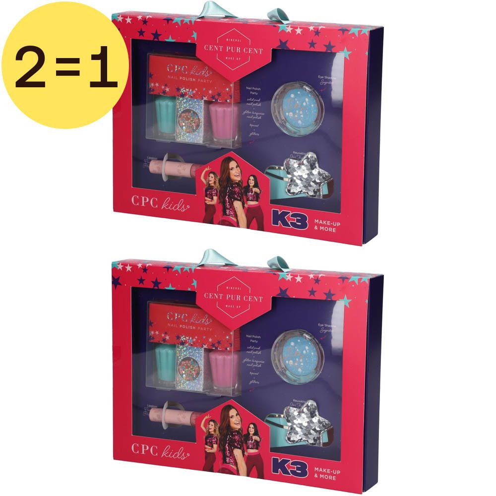 Zwei Kosmetik-Sets. Jedes Set enthält Nagellack, Lippenstift, Lidschatten und einen Stern-Applikator. Verpackt in einer roten Box.