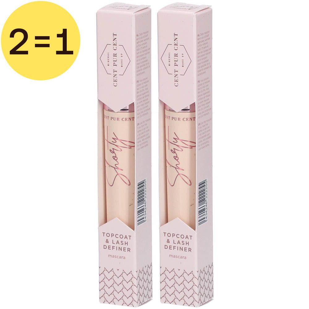 Zwei Cent Pur Cent Shorty Mascara Noir 2-in-1 in rosa Verpackung. Text: Topcoat & Lash Definer.