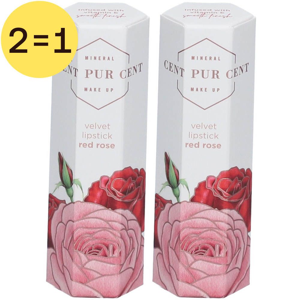 Zwei Packungen Cent Pur Cent Velvet Lipstick Red Rose. Weiße, sechseckige Verpackung mit Rosenmotiv und Produktbezeichnung.