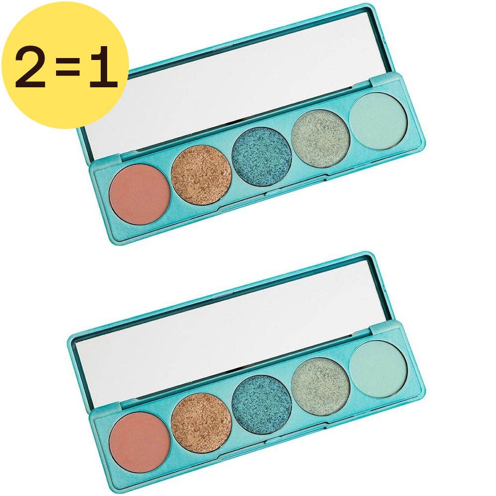 Deux palettes ouvertes avec miroirs et fards à paupières de différentes couleurs. Étiquette jaune avec "2=1".