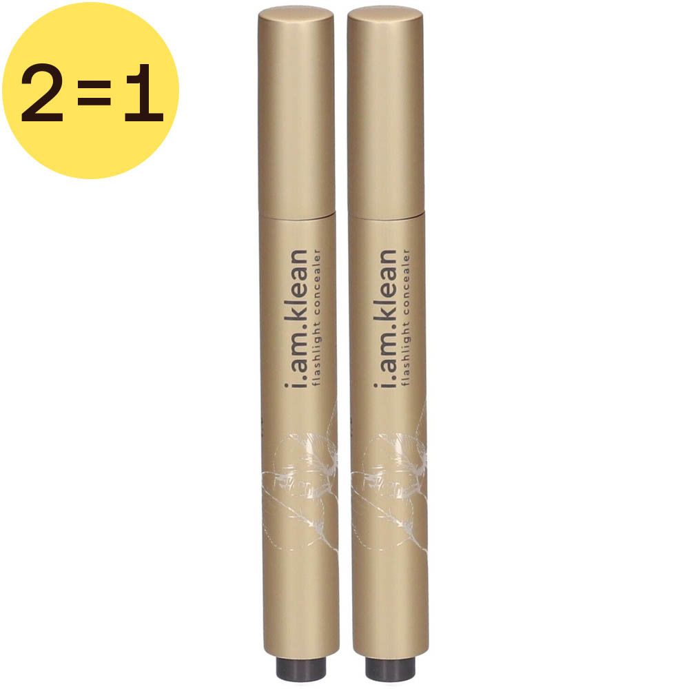 Zwei goldfarbene Concealer-Stifte. Aufschrift: i.am.klean flashlight concealer. Gelbes Label mit "2=1".